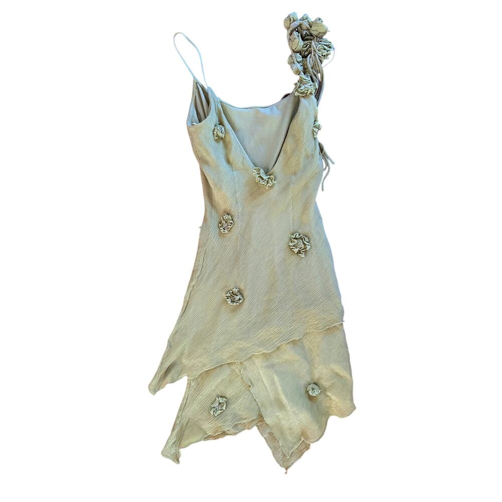 Vintage Y2K Cache Warm Green Beaded Rosette Fringe Asymmetric Slip Dress Fairy - Picture 3 of 8